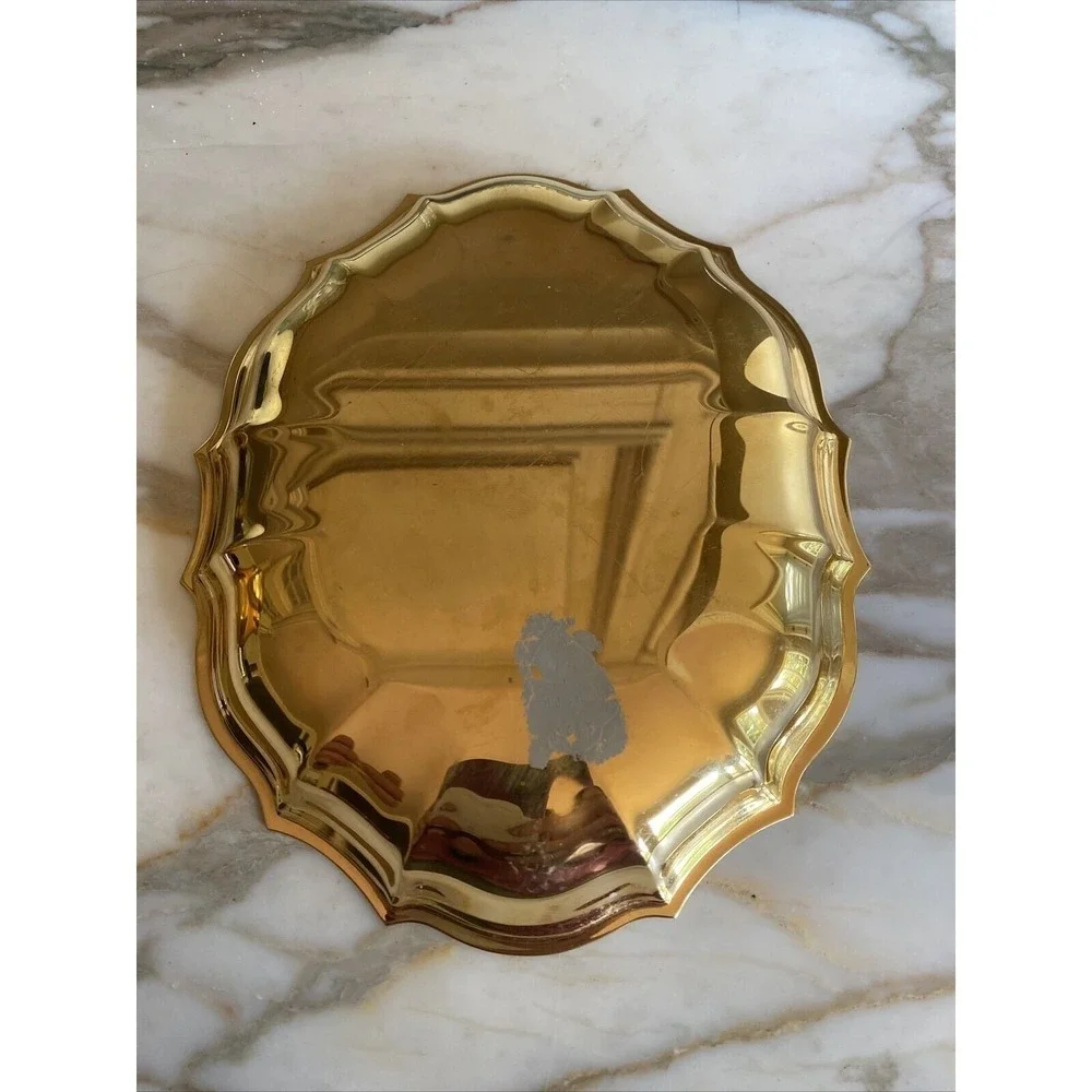 Vintage Gold Scalloped Oval Vanity Tray Decorative Metal Jewelry Trinket Dish